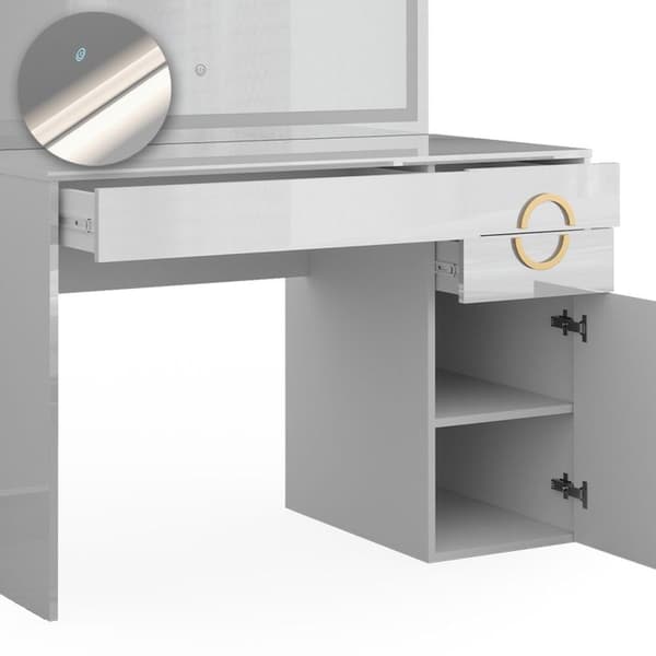 Vicco Adela sminkbord, Högblank vit, 115 cm med LED-spegel