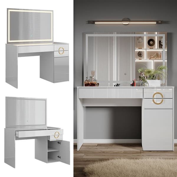 Vicco Adela sminkbord, Högblank vit, 115 cm med LED-spegel