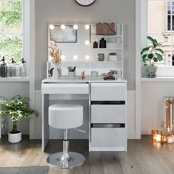 Vicco Sherry sminkbord, Högblank vit, 90 cm med LED-belysning, pall och spegelhylla