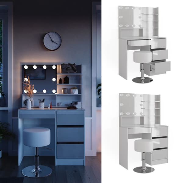 Vicco Sherry sminkbord, Högblank vit, 90 cm med LED-belysning, pall och spegelhylla