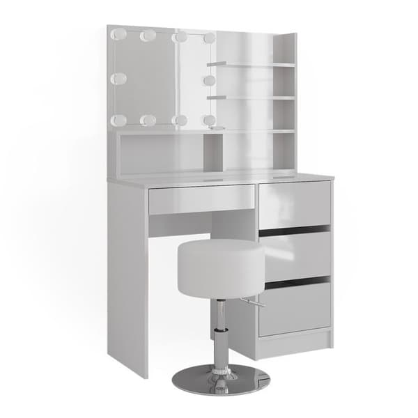 Vicco Sherry sminkbord, Högblank vit, 90 cm med LED-belysning, pall och spegelhylla