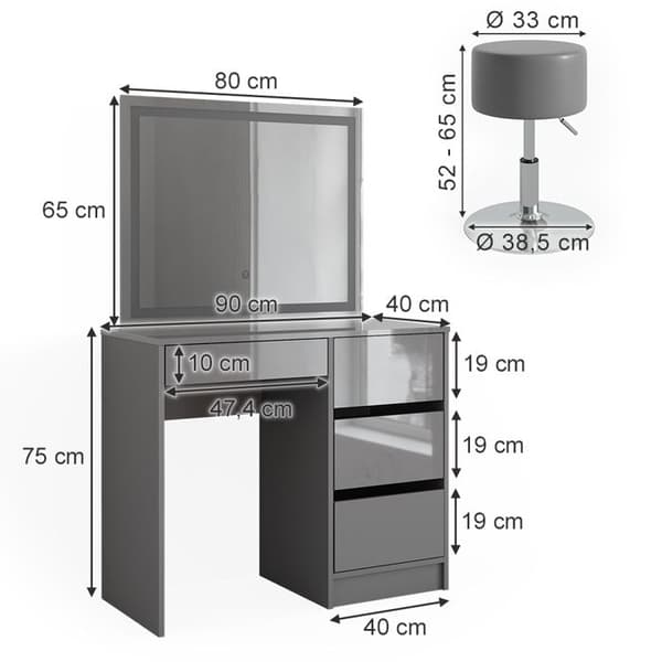 Vicco Sherry sminkbord, Högglans grått, 90 cm med LED-spegel och pall
