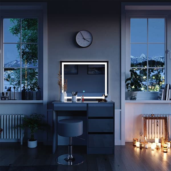 Vicco Sherry sminkbord, Högglans grått, 90 cm med LED-spegel och pall