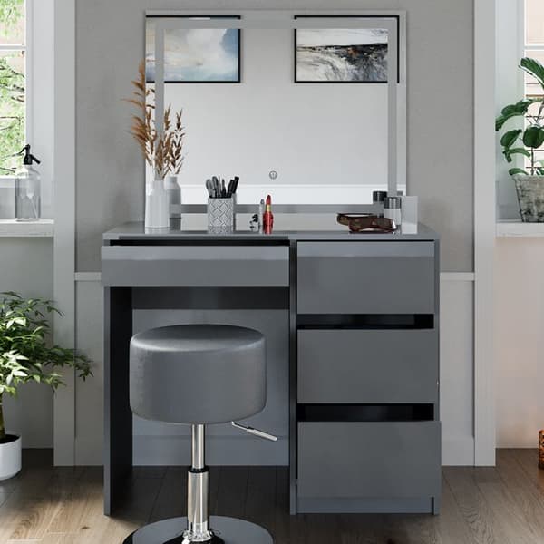 Vicco Sherry sminkbord, Högglans grått, 90 cm med LED-spegel och pall