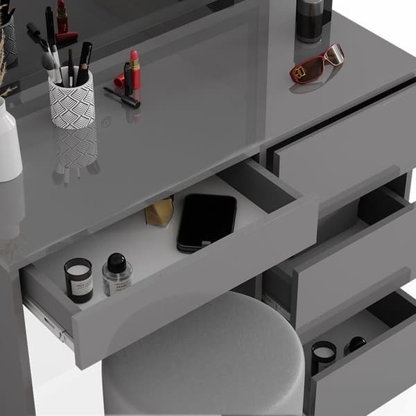 Vicco Sherry sminkbord, Högglans grått, 90 cm med LED-spegel och pall