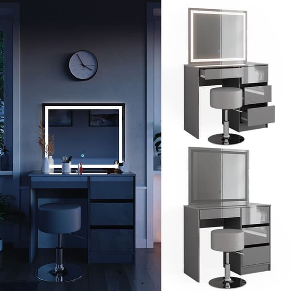 Vicco Sherry sminkbord, Högglans grått, 90 cm med LED-spegel och pall