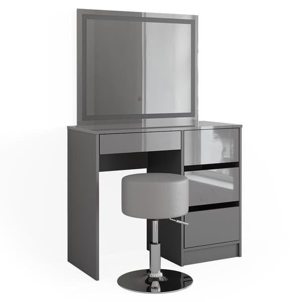 Vicco Sherry sminkbord, Högglans grått, 90 cm med LED-spegel och pall