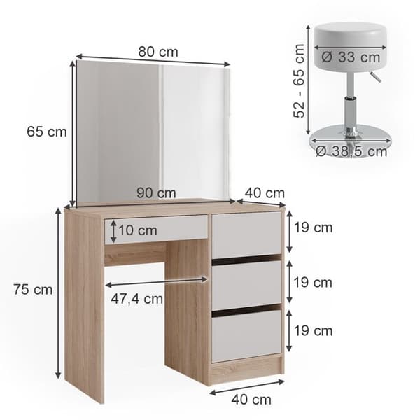 Vicco Sherry sminkbord, Sonoma, 90 cm med pall
