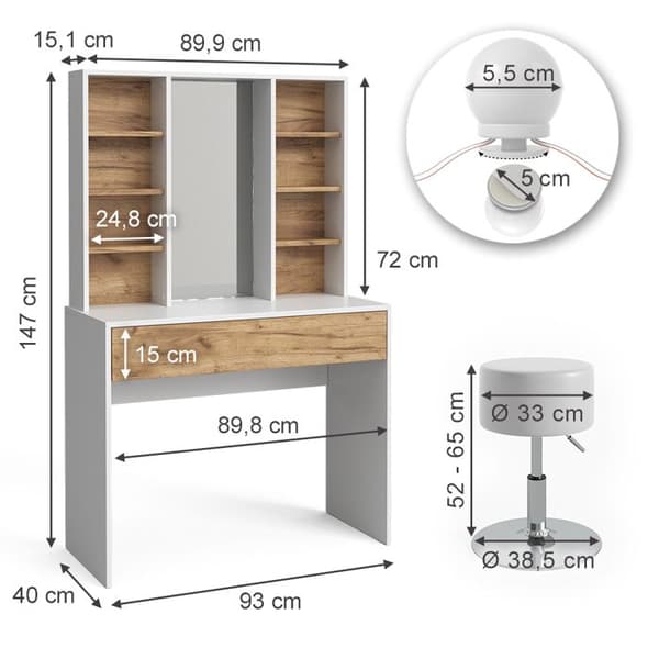 Vicco Alexa sminkbord, Ek guld/vit, 93 cm med LED-belysning och pall