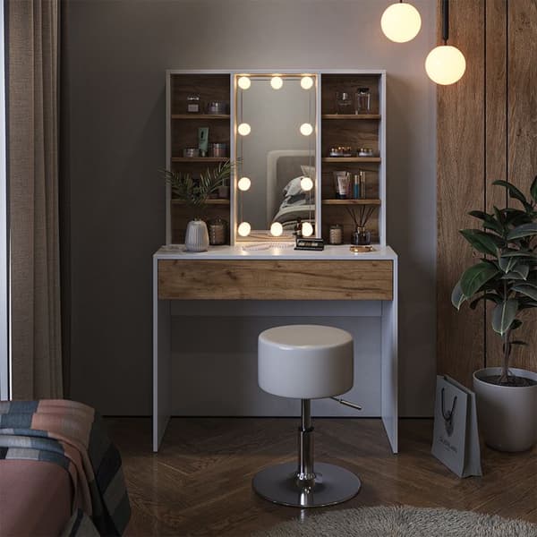 Vicco Alexa sminkbord, Ek guld/vit, 93 cm med LED-belysning och pall
