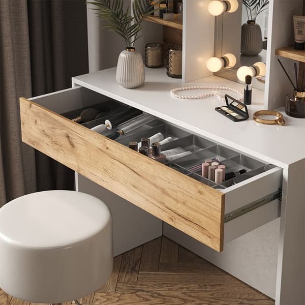 Vicco Alexa sminkbord, Ek guld/vit, 93 cm med LED-belysning och pall