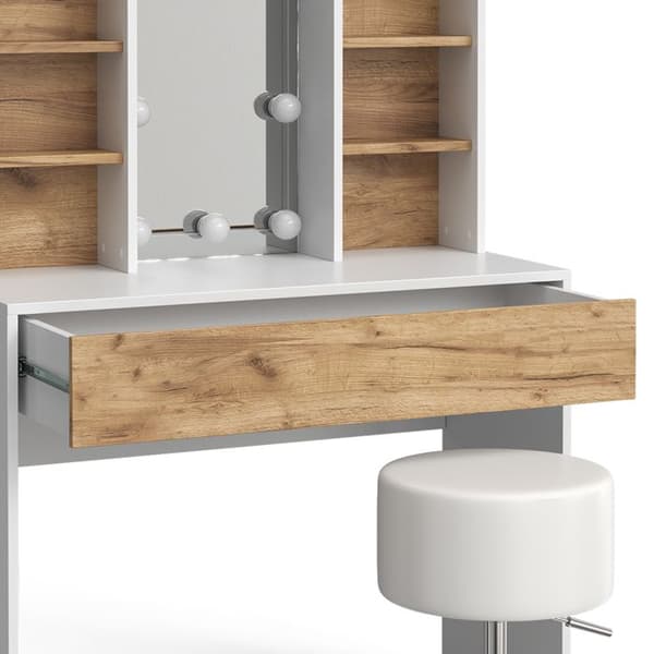 Vicco Alexa sminkbord, Ek guld/vit, 93 cm med LED-belysning och pall