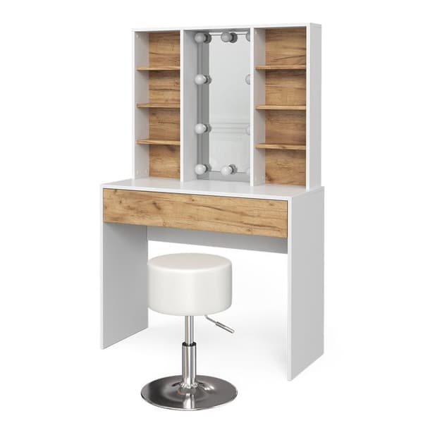 Vicco Alexa sminkbord, Ek guld/vit, 93 cm med LED-belysning och pall