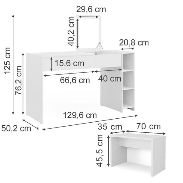 Vicco Kira sminkbord, Vit, 129,6 cm med pall och infällbar spegel