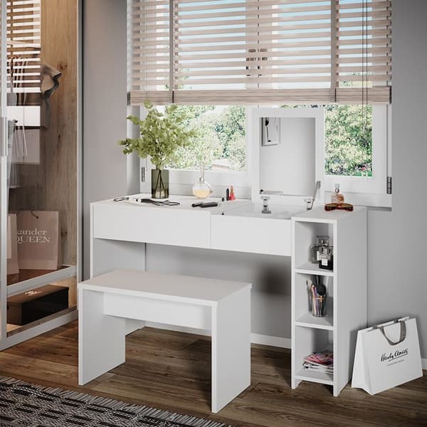 Vicco Kira sminkbord, Vit, 129,6 cm med pall och infällbar spegel
