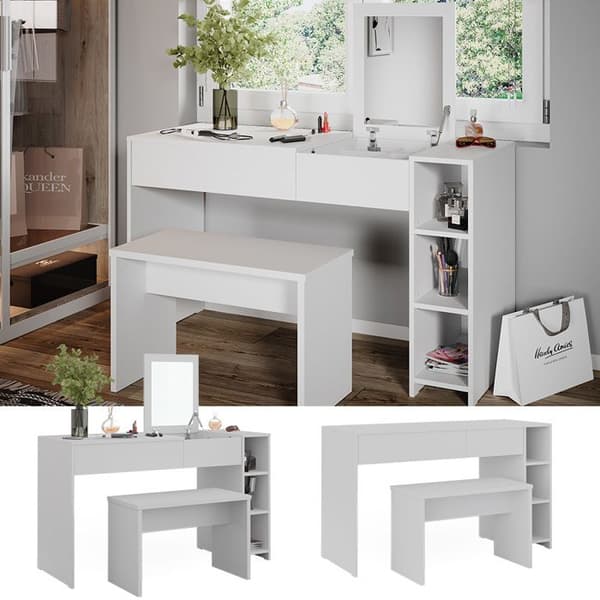 Vicco Kira sminkbord, Vit, 129,6 cm med pall och infällbar spegel