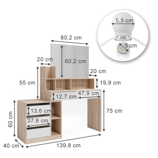 Vicco Anja sminkbord, Vit/Sonoma, 139,8 cm med LED-belysning