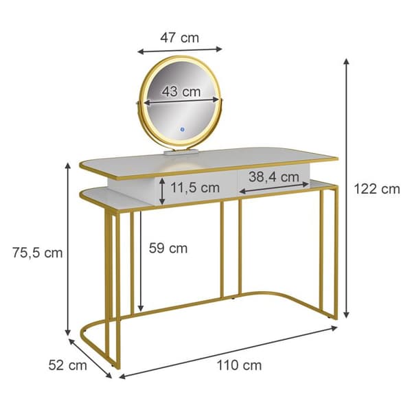 Vicco Tiara sminkbord, Vit/Guld, 110 cm