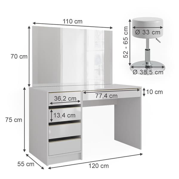 Vicco Sherry sminkbord, Vit, 120 cm med pall