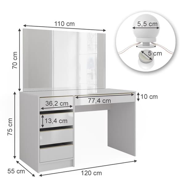 Vicco Sherry sminkbord, Vit, 120 cm med LED-belysning