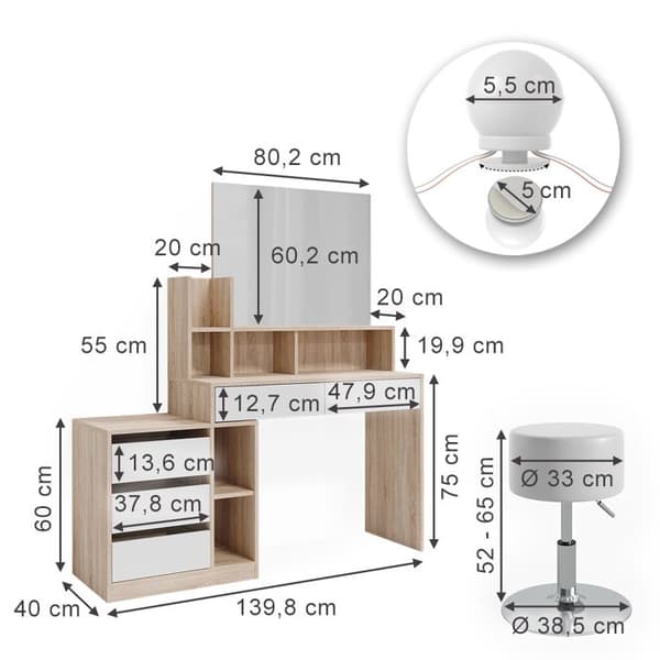 Vicco Anja sminkbord, Vit/Sonoma, 139,8 cm med LED-belysning och pall