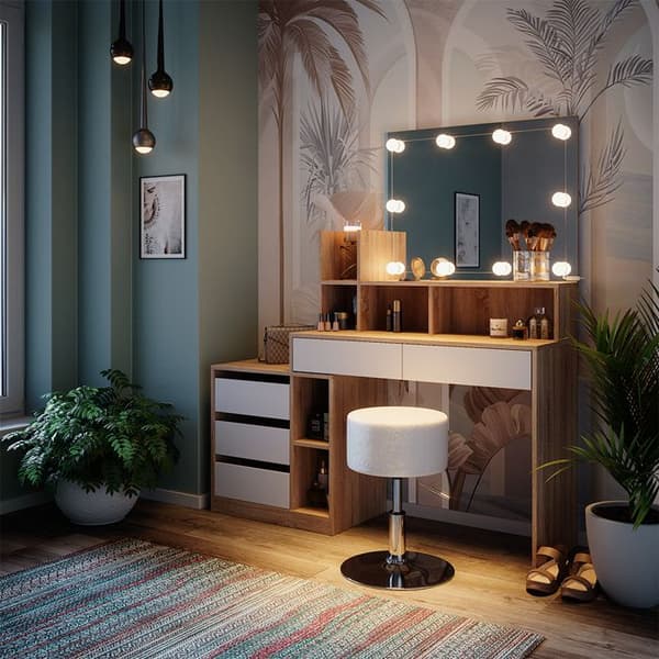 Vicco Anja sminkbord, Vit/Sonoma, 139,8 cm med LED-belysning och pall