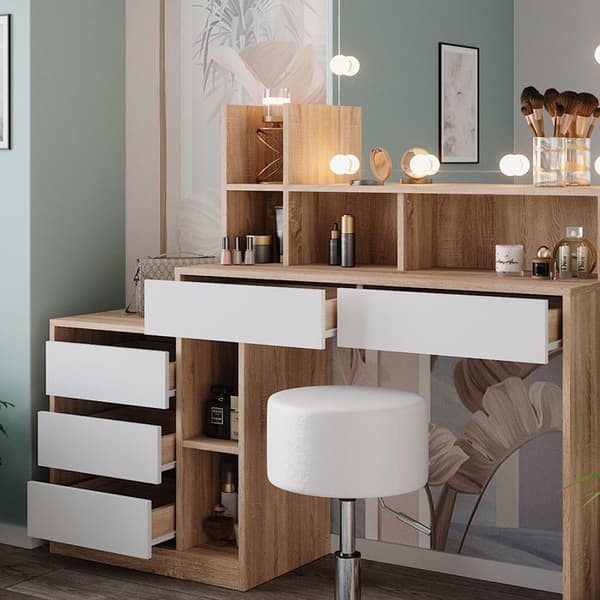 Vicco Anja sminkbord, Vit/Sonoma, 139,8 cm med LED-belysning och pall