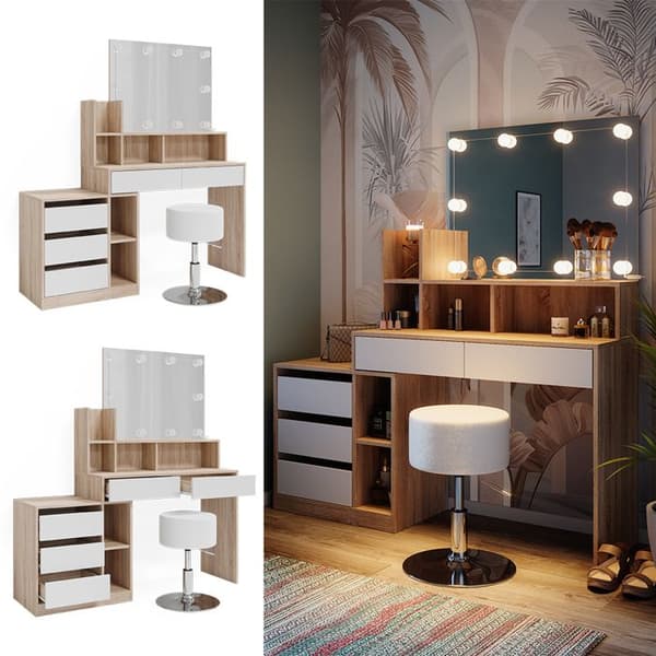Vicco Anja sminkbord, Vit/Sonoma, 139,8 cm med LED-belysning och pall