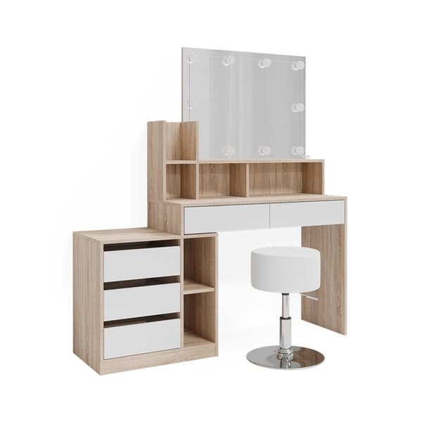 Vicco Anja sminkbord, Vit/Sonoma, 139,8 cm med LED-belysning och pall