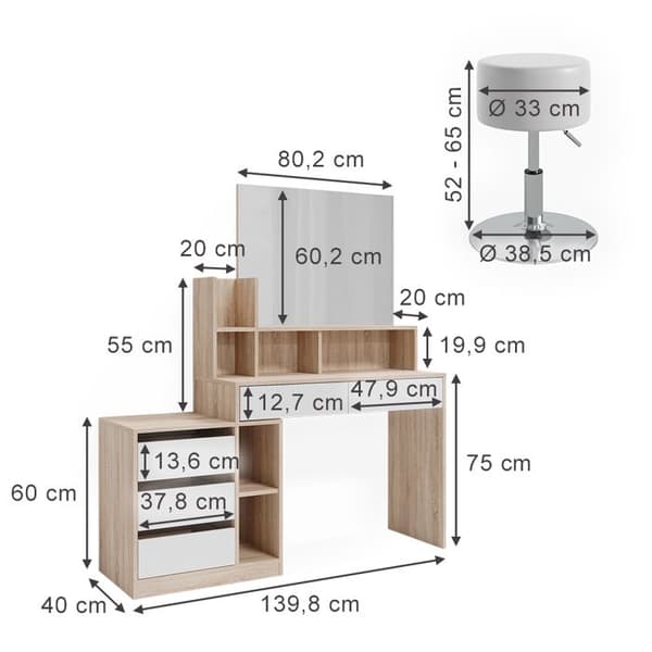 Vicco Anja sminkbord, Vit/Sonoma, 139,8 cm med pall
