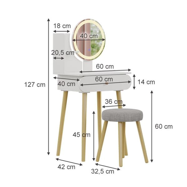 Vicco sminkbord Edda, Vit, 60 cm med LED-spegel och pall