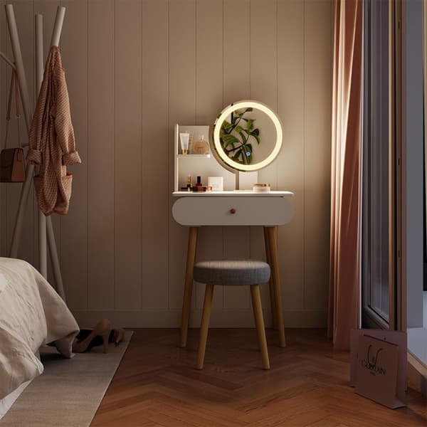 Vicco sminkbord Edda, Vit, 60 cm med LED-spegel och pall