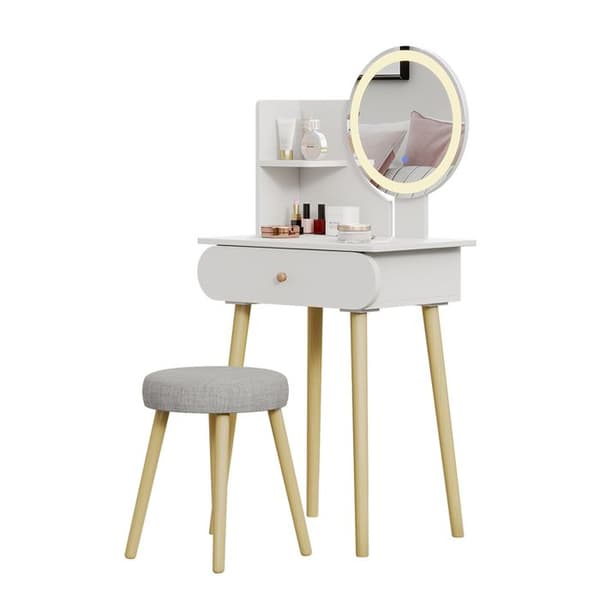 Vicco sminkbord Edda, Vit, 60 cm med LED-spegel och pall