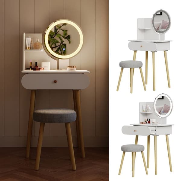 Vicco sminkbord Edda, Vit, 60 cm med LED-spegel och pall