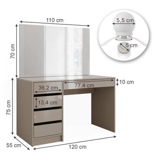 Vicco Sherry sminkbord, Greige, 120 cm med LED-belysning