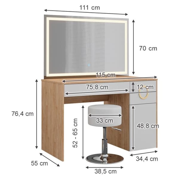 Vicco Adela sminkbord, Vit, 115 cm med LED-spegel och pall