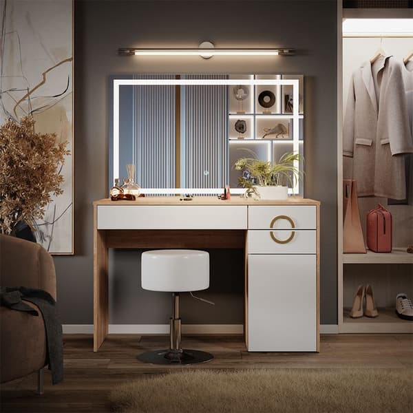 Vicco Adela sminkbord, Vit, 115 cm med LED-spegel och pall