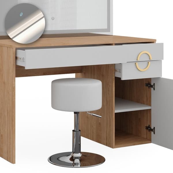 Vicco Adela sminkbord, Vit, 115 cm med LED-spegel och pall