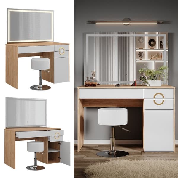 Vicco Adela sminkbord, Vit, 115 cm med LED-spegel och pall
