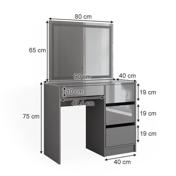Vicco Sherry sminkbord, Högblank grå, 90 cm med LED-belysning och pall