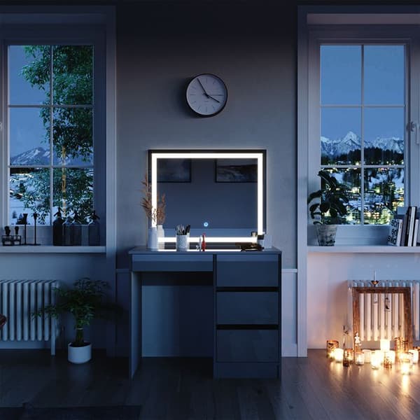 Vicco Sherry sminkbord, Högblank grå, 90 cm med LED-belysning och pall