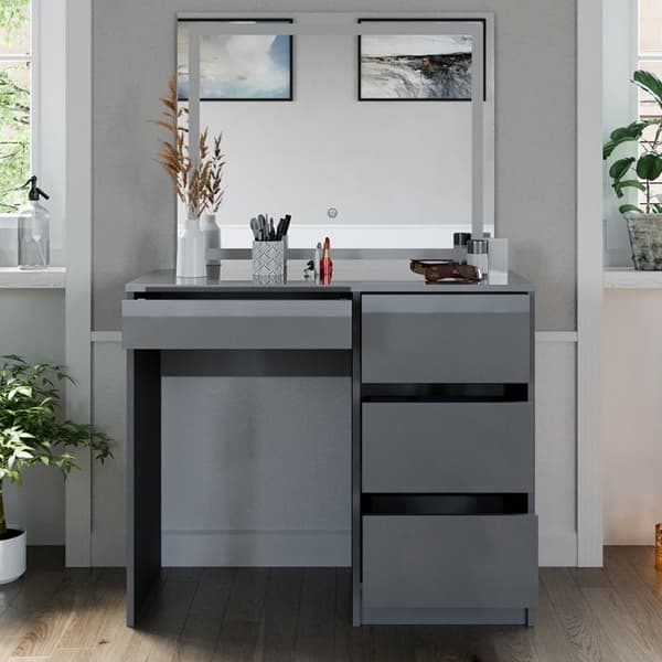 Vicco Sherry sminkbord, Högblank grå, 90 cm med LED-belysning och pall