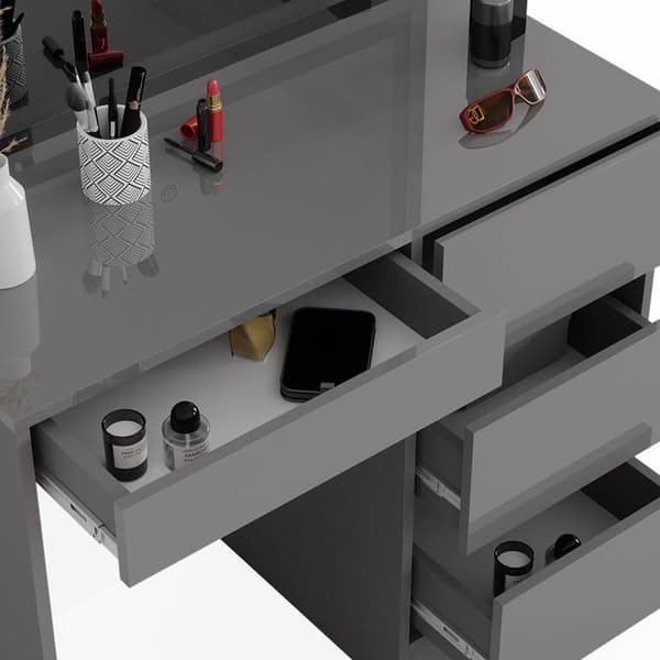 Vicco Sherry sminkbord, Högblank grå, 90 cm med LED-belysning och pall