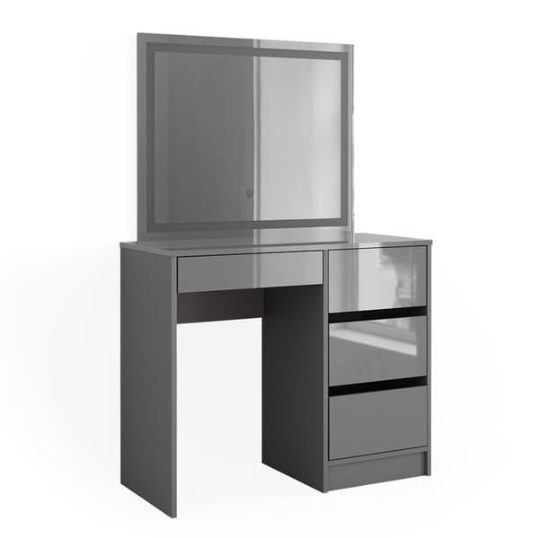 Vicco Sherry sminkbord, Högblank grå, 90 cm med LED-belysning och pall