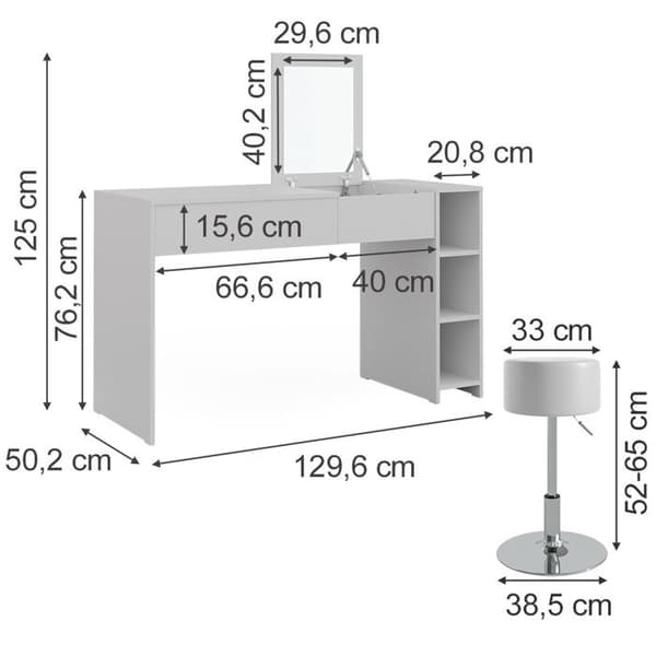 Vicco Kira sminkbord, Vit, 129,6 cm med pall och infällbar spegel