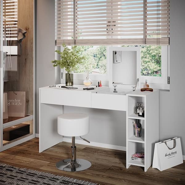 Vicco Kira sminkbord, Vit, 129,6 cm med pall och infällbar spegel