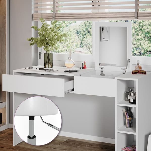 Vicco Kira sminkbord, Vit, 129,6 cm med pall och infällbar spegel