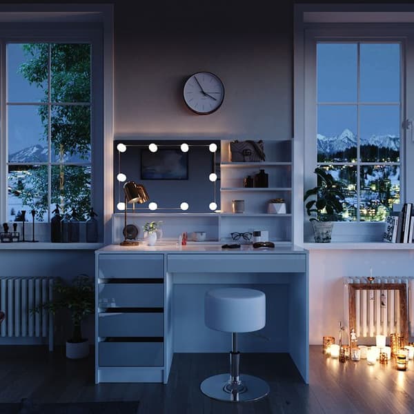 Vicco Sherry sminkbord, Högblank vit, 120 cm med LED-belysning, pall och spegelhylla