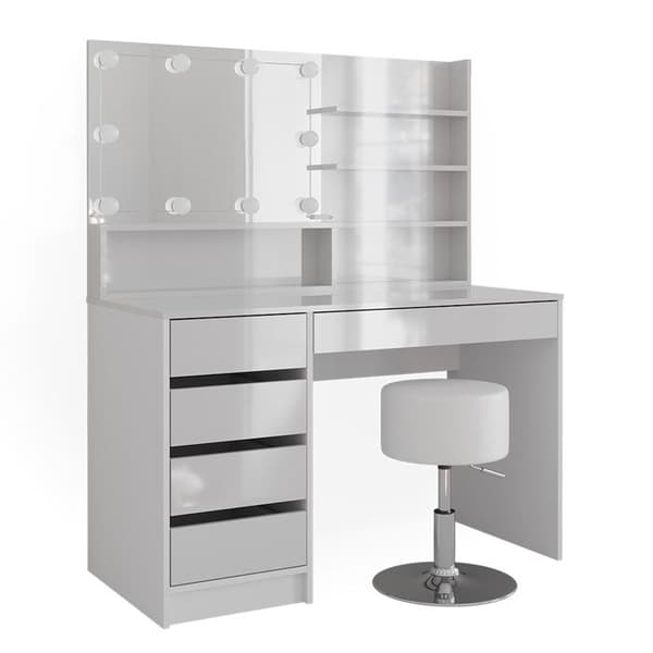 Vicco Sherry sminkbord, Högblank vit, 120 cm med LED-belysning, pall och spegelhylla