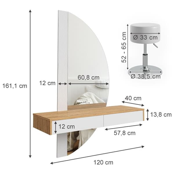 Vicco Melisa sminkbord, Ek, 120 cm med LED-belysning och pall